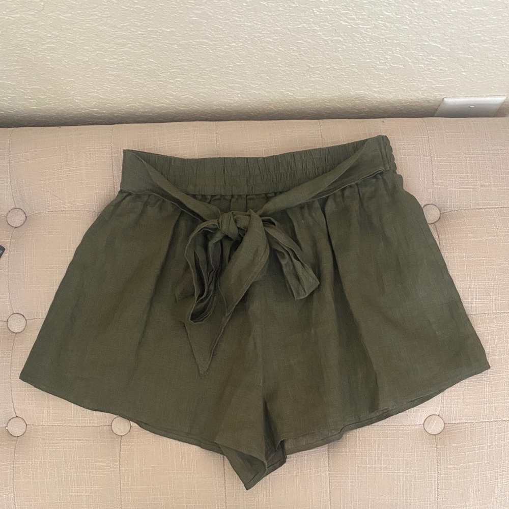 Zara High Waisted Linen Olive Shorts with Tie